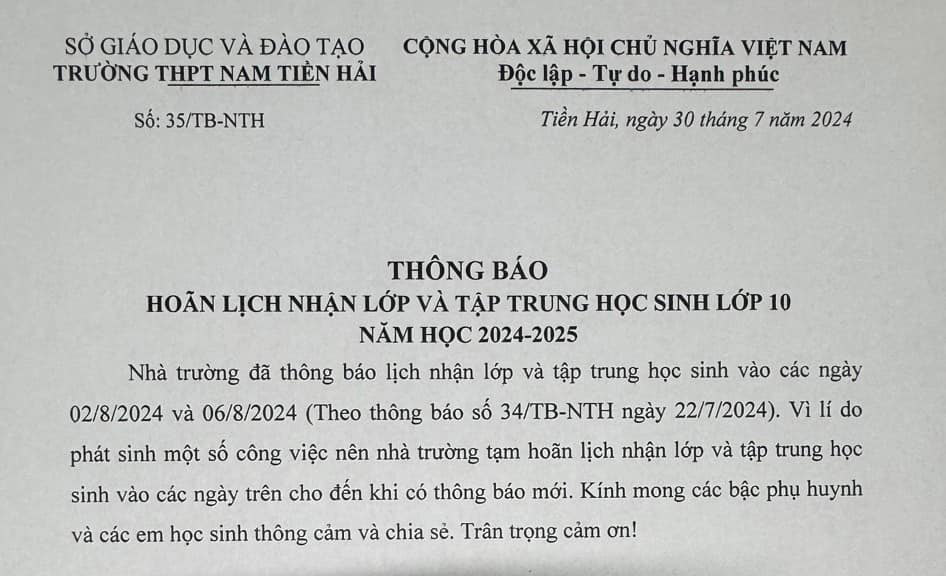 Vụ bất thường điểm thi ở Thái Bình: Nhiều trường ra thông báo hoãn nhận học sinh vào lớp 10 - Ảnh 2.