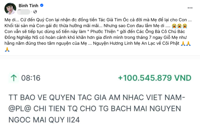 Số tiền Bình Tinh đều đặn nhận được kể từ khi mẹ ruột qua đời - Ảnh 1.