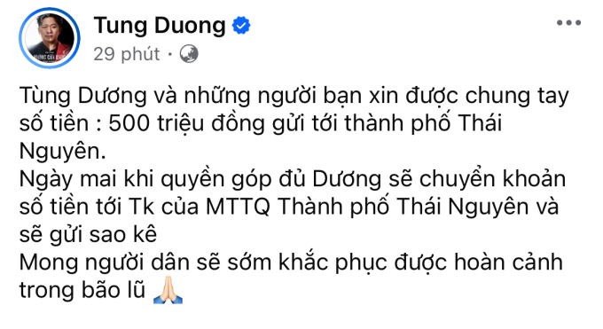 Dàn sao Việt chung tay đóng góp ủng hộ đồng bào khắc phục hậu quả lũ lụt, bão số 3 - Ảnh 13.