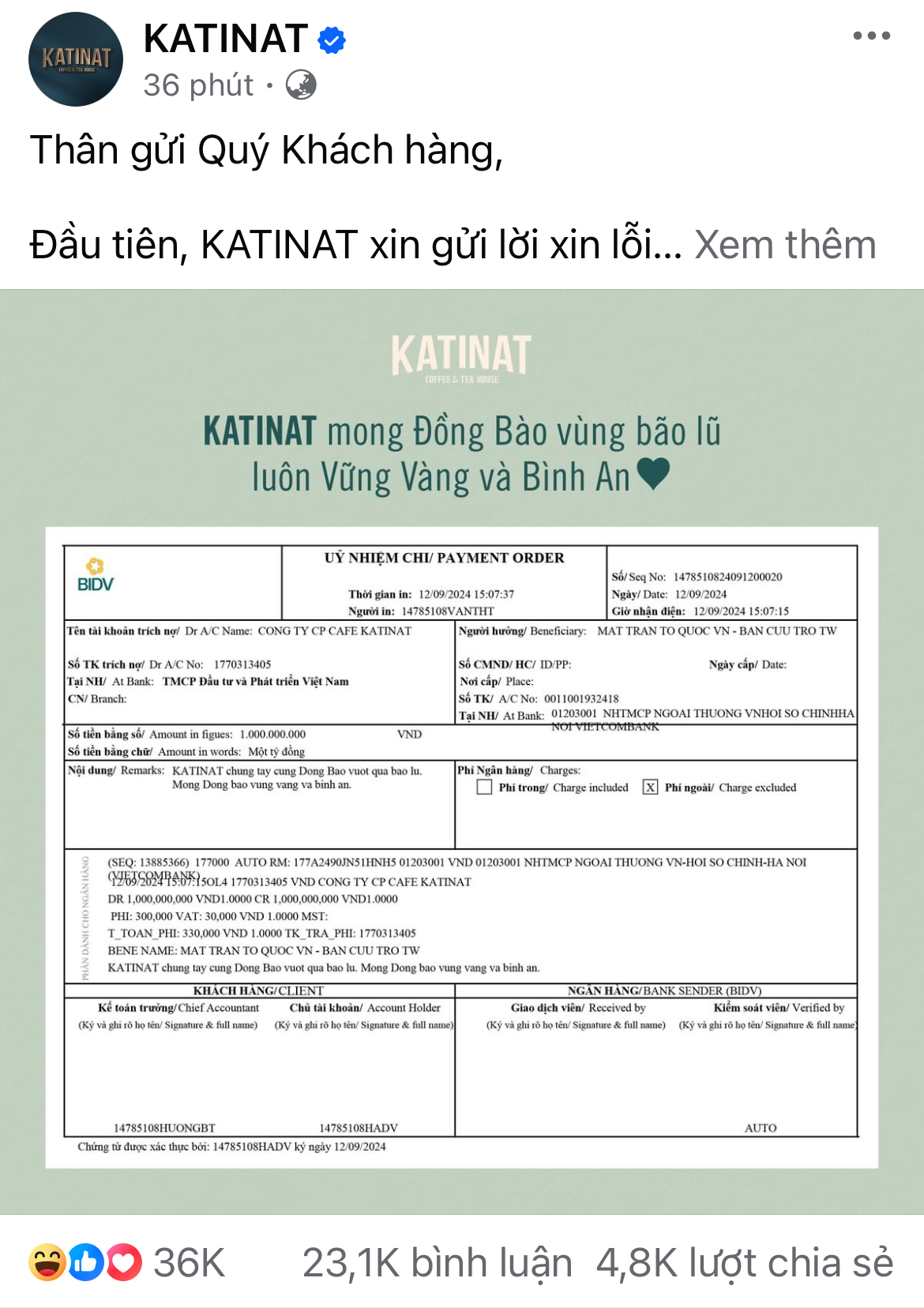 KATINAT thông báo ủng hộ 1 tỷ đồng cho đồng bào vùng lũ sau bài đăng gây tranh cãi- Ảnh 2.