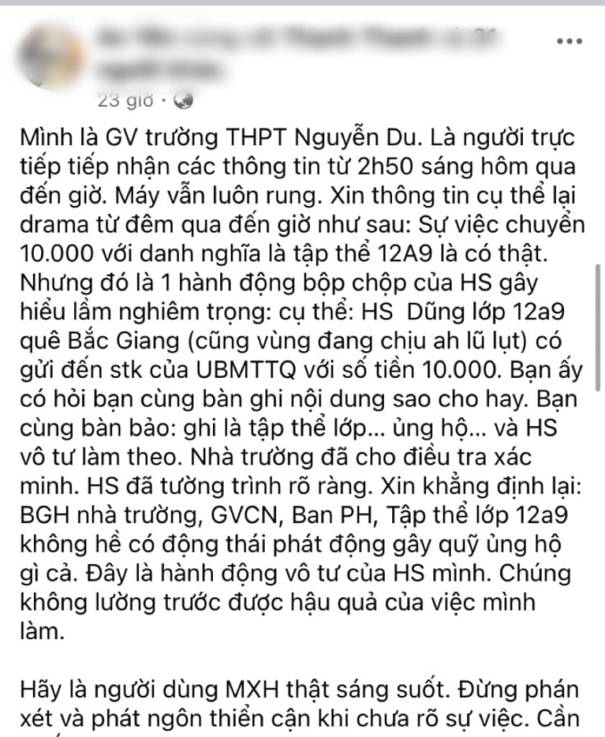 Giáo viên của 1 trường THPT bỗng bị &quot;ném đá&quot; ăn chặn tiền từ thiện bão lũ: Sự thật khiến CĐM rối rít xin lỗi! - Ảnh 2.