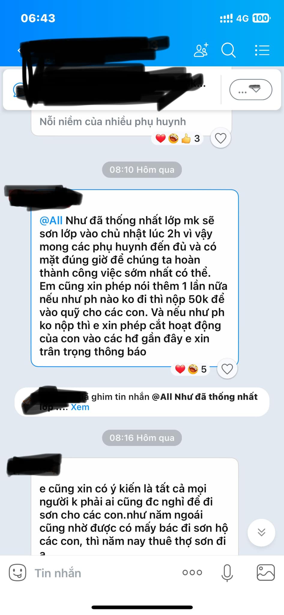 Xôn xao tin nhắn Ban phụ huynh yêu cầu các phụ huynh đi sơn lớp, không đi thì đóng 50.000 kèm theo lời &quot;đe nẹt&quot;?- Ảnh 1.