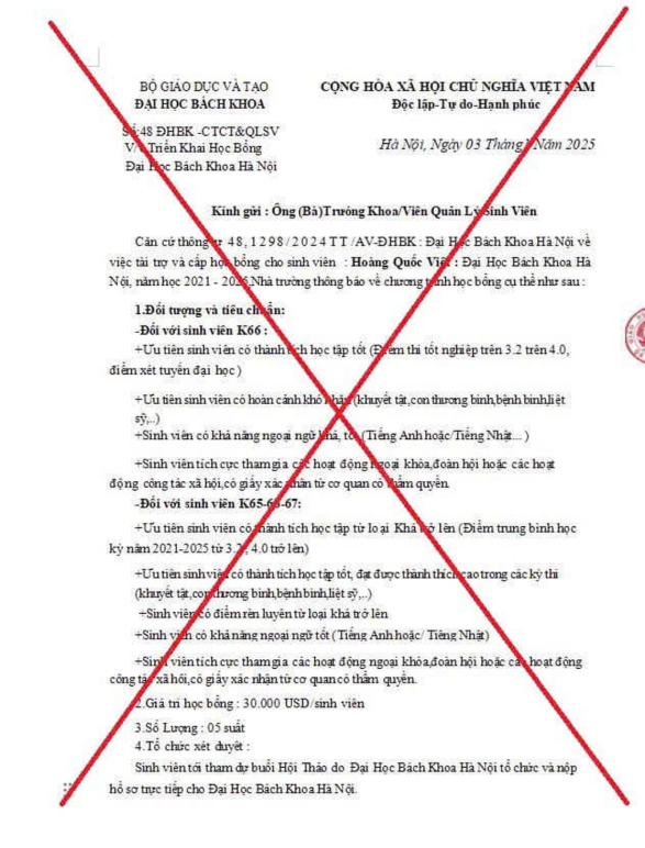 Giả mạo con dấu và chữ ký lãnh đạo Bộ GD&ĐT lừa đảo học bổng Đại học Bách khoa - Ảnh 1.