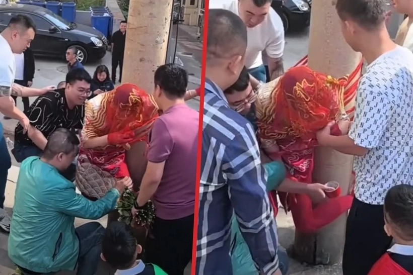 Cô dâu bật khóc nức nở khi bị bạn chú rể trói vào cột điện ngay trong ngày cưới - Ảnh 1.