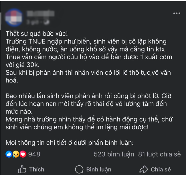 Thông tin căng tin KTX cản trở sinh viên nhận cơm cứu trợ mưa lũ để bán suất ăn: ĐH Sư phạm Thái Nguyên lên tiếng - Ảnh 1. Thông tin căng tin KTX cản trở sinh viên nhận cơm cứu trợ mưa lũ để bán suất ăn: ĐH Sư phạm Thái Nguyên lên tiếng - Ảnh 1.