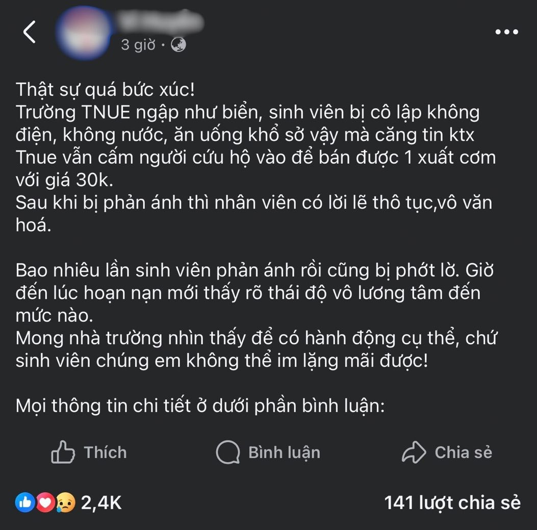 Sinh viên 'tố' nhân viên căng tin cấm cản đoàn từ thiện giữa mưa lũ: Nhà trường nói sẽ đối thoại - Ảnh 1. Sinh viên 'tố' nhân viên căng tin cấm cản đoàn từ thiện giữa mưa lũ: Nhà trường nói sẽ đối thoại - Ảnh 1.