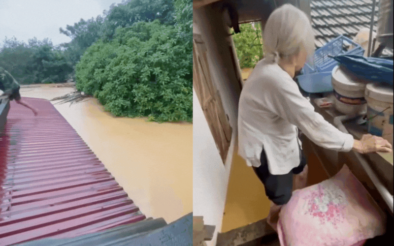 Khoảnh khắc bà cụ 91 tuổi ngồi ôm bát hương trong căn nhà ngập quá tầng 1 ở Thái Nguyên khiến nhiều người xót xa - Ảnh 3.