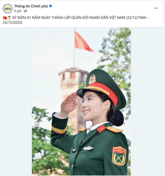 &Aacute; hậu Trần Ngọc Ch&acirc;u Anh xuất hiện tr&ecirc;n trang Th&ocirc;ng tin Ch&iacute;nh phủ kỷ niệm 81 năm Qu&acirc;n đội Nh&acirc;n d&acirc;n - Ảnh 1.