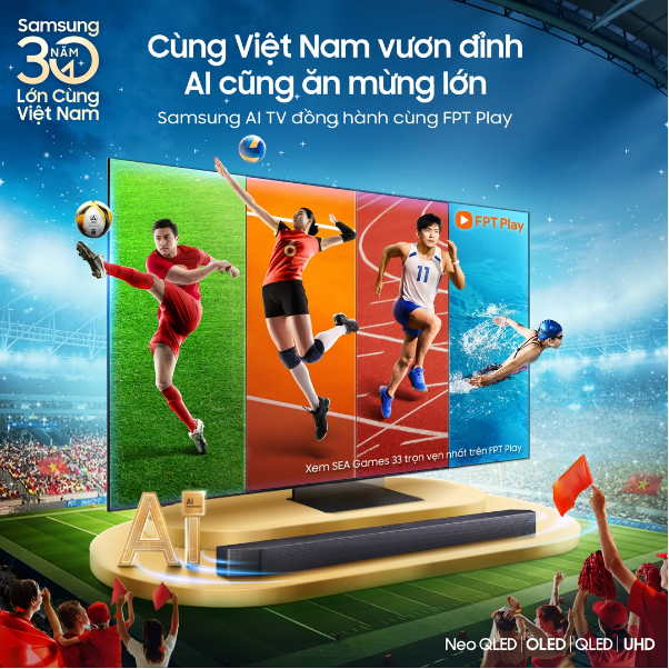 Biến phòng khách thành sân vận động tại nhà: Xem SEA Games sắc nét, sống động cùng Samsung AI TV - Ảnh 1. Biến phòng khách thành sân vận động tại nhà: Xem SEA Games sắc nét, sống động cùng Samsung AI TV - Ảnh 1.