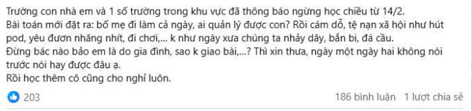 &quot;Phụ huynh ngày nay thật khó hiểu: Cho đi học thì kêu áp lực, cho nghỉ kêu không ai trông, nhà trường mà như chỗ giữ trẻ?&quot; - Ảnh 1.