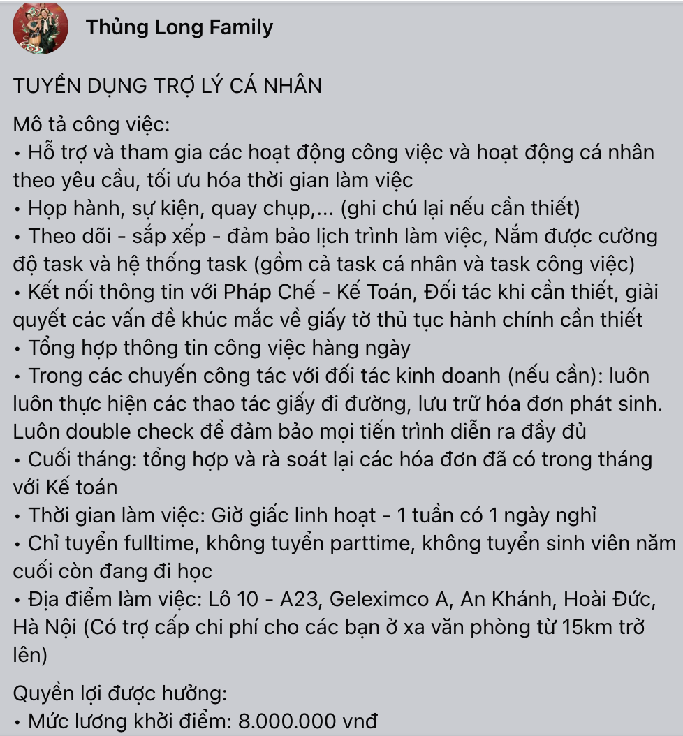 Thủng Long Family sau vụ tuyển trợ lý lương 8 triệu bị so với giúp việc: Bất ngờ có gần 500 CV gửi về sau 1 tuần ồn ào - Ảnh 1.