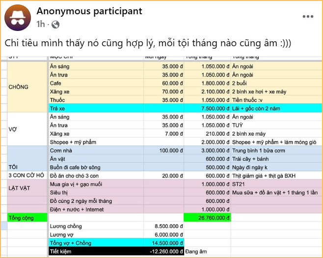 Khoe bảng chi tiêu “hợp lý”, cô vợ khiến dân mạng cười ngất - Ảnh 1.
