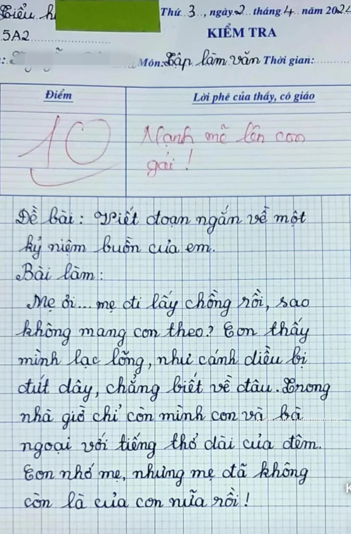 Học sinh lớp 5 viết văn kể kỷ niệm buồn được cô giáo chấm 10 điểm: Hàng triệu dân mạng đọc xong thì rơi nước mắt - Ảnh 1.