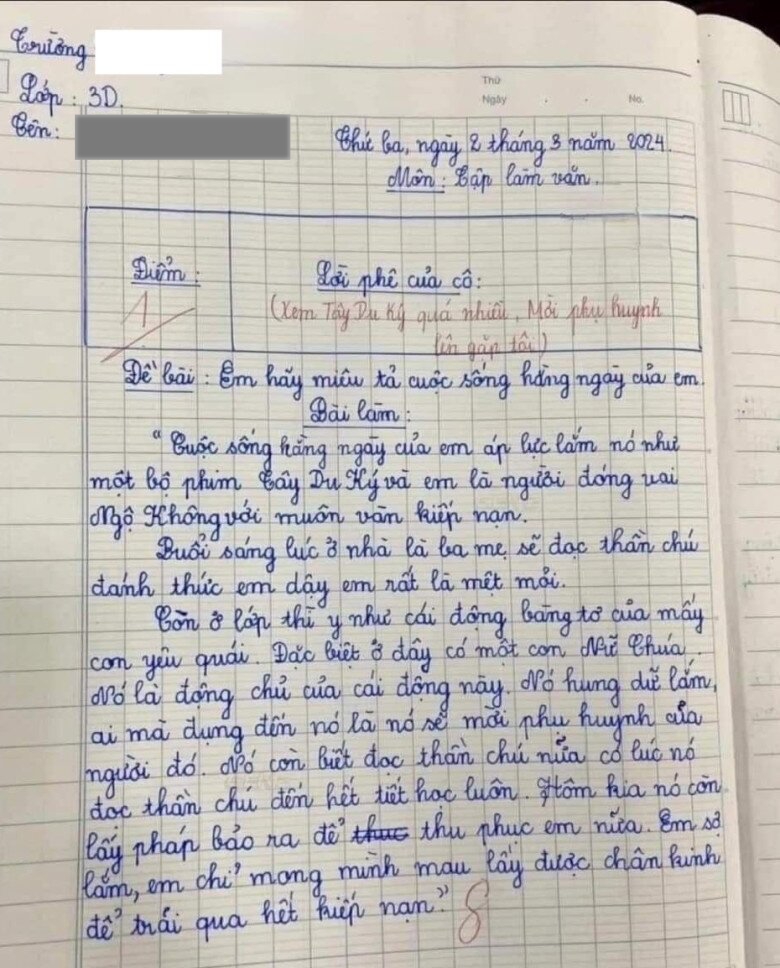 Bài văn tả cuộc sống hàng ngày của học sinh lớp 3 bị chấm 1 điểm: Cô giáo đọc xong &quot;tái mặt&quot;, yêu cầu mời phụ huynh lên gặp - Ảnh 1.