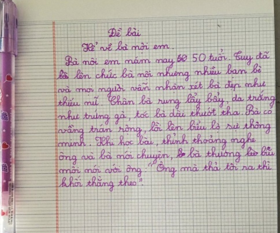 Cậu bé lớp 2 viết văn tả bà nội: "Da trắng như trứng gà, ông mà thả ra thì khối người theo" - Dân mạng đọc xong chỉ biết cười bò - Ảnh 1. Cậu bé lớp 2 viết văn tả bà nội: "Da trắng như trứng gà, ông mà thả ra thì khối người theo" - Dân mạng đọc xong chỉ biết cười bò - Ảnh 1.