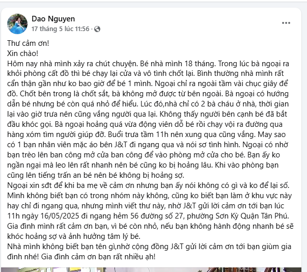 Người mẹ trẻ "lùng tìm" shipper áo đỏ sau cuộc giải cứu bé trai 18 tháng tự chốt cửa phòng - Ảnh 1. Người mẹ trẻ "lùng tìm" shipper áo đỏ sau cuộc giải cứu bé trai 18 tháng tự chốt cửa phòng - Ảnh 1.