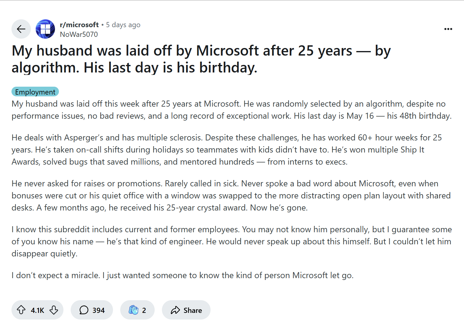 Câu chuyện đau lòng: Kỹ sư Microsoft 25 năm tuổi nghề bị sa thải bởi thuật toán vào đúng ngày sinh nhật - Ảnh 2. Câu chuyện đau lòng: Kỹ sư Microsoft 25 năm tuổi nghề bị sa thải bởi thuật toán vào đúng ngày sinh nhật - Ảnh 2.