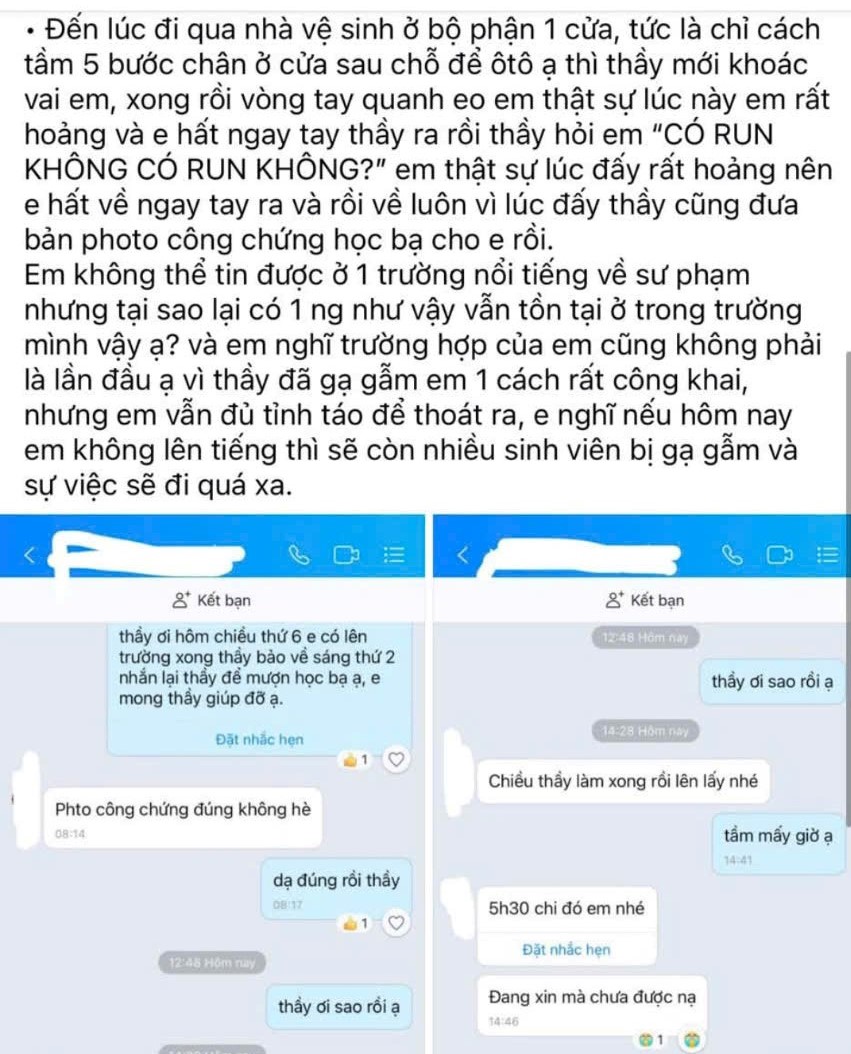 Xôn xao, thông tin thầy giáo gạ gẫm, sàm sỡ nữ sinh viên tại trường đại học- Ảnh 1. Xôn xao, thông tin thầy giáo gạ gẫm, sàm sỡ nữ sinh viên tại trường đại học- Ảnh 1.