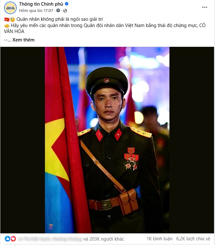 Fanpage Thông tin Chính Phủ đăng tải thông điệp liên quan Thượng úy Lê Hoàng Hiệp: Quân nhân không phải là ngôi sao giải trí!- Ảnh 1. Fanpage Thông tin Chính Phủ đăng tải thông điệp liên quan Thượng úy Lê Hoàng Hiệp: Quân nhân không phải là ngôi sao giải trí!- Ảnh 1.
