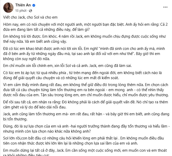 Thiên An bất ngờ đăng tải tâm thư dài trên MXH, nhắc thẳng tên Jack và thừa nhận "em cũng đã làm sai" - Ảnh 2. Thiên An bất ngờ đăng tải tâm thư dài trên MXH, nhắc thẳng tên Jack và thừa nhận "em cũng đã làm sai" - Ảnh 2.