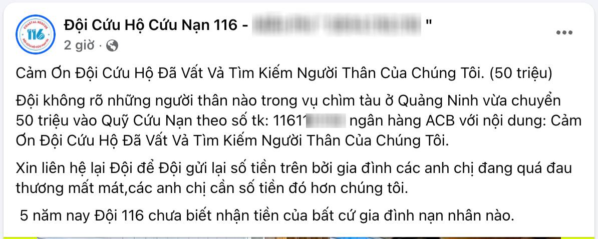 Nhận được 50 triệu đồng cảm ơn từ người nhà nạn nhân vụ lật tàu Vịnh Xanh, đội cứu hộ có phản ứng bất ngờ- Ảnh 1.