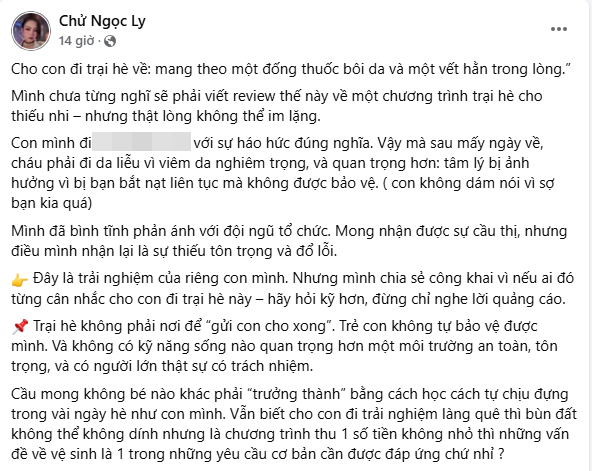 Mẹ Hà Nội tố 1 trại hè thu phí gần 10 triệu nhưng con bị bắt nạt liên tục, phản hồi thiếu trách nhiệm?- Ảnh 1. Mẹ Hà Nội tố 1 trại hè thu phí gần 10 triệu nhưng con bị bắt nạt liên tục, phản hồi thiếu trách nhiệm?- Ảnh 1.