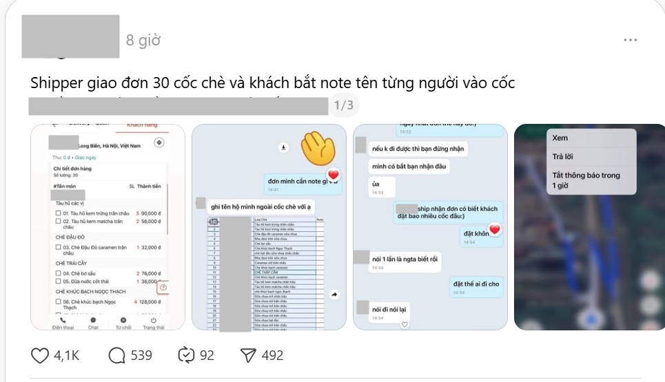 Tạm đình chỉ công tác nhân viên "đặt 30 cốc chè bắt ghi tên từng người", nam shipper chấm dứt công việc gắn bó 2 năm - Ảnh 4. Tạm đình chỉ công tác nhân viên "đặt 30 cốc chè bắt ghi tên từng người", nam shipper chấm dứt công việc gắn bó 2 năm - Ảnh 4.