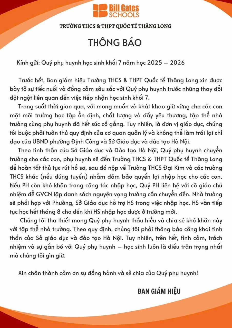 Xôn xao một trường quốc tế bất ngờ yêu cầu phụ huynh học sinh khối 7 cho con chuyển trường dù năm học mới sắp bắt đầu- Ảnh 1. Xôn xao một trường quốc tế bất ngờ yêu cầu phụ huynh học sinh khối 7 cho con chuyển trường dù năm học mới sắp bắt đầu- Ảnh 1.