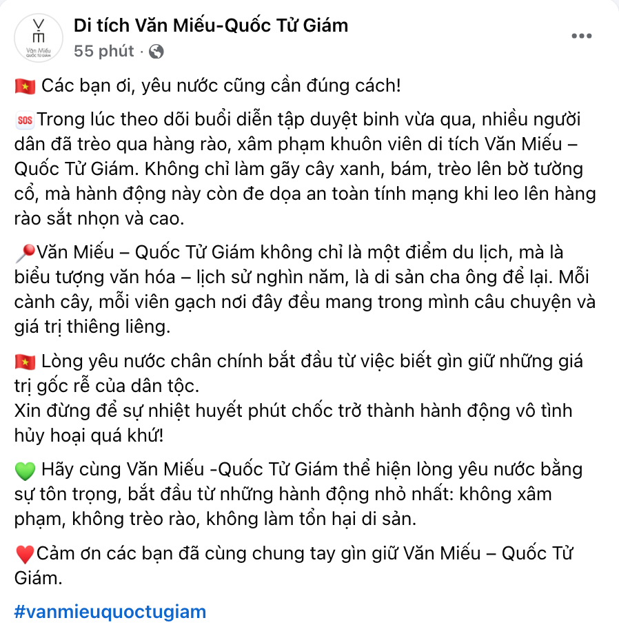 Văn Miếu - Quốc Tử Giám tha thiết kêu gọi người dân không làm điều này khi đi xem diễu binh - Ảnh 1. Văn Miếu - Quốc Tử Giám tha thiết kêu gọi người dân không làm điều này khi đi xem diễu binh - Ảnh 1.
