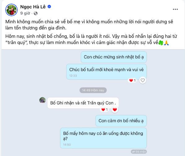 Vợ NSND Công Lý chia sẻ đoạn tin nhắn với bố chồng, muốn khóc vì 2 chữ - Ảnh 1. Vợ NSND Công Lý chia sẻ đoạn tin nhắn với bố chồng, muốn khóc vì 2 chữ - Ảnh 1.