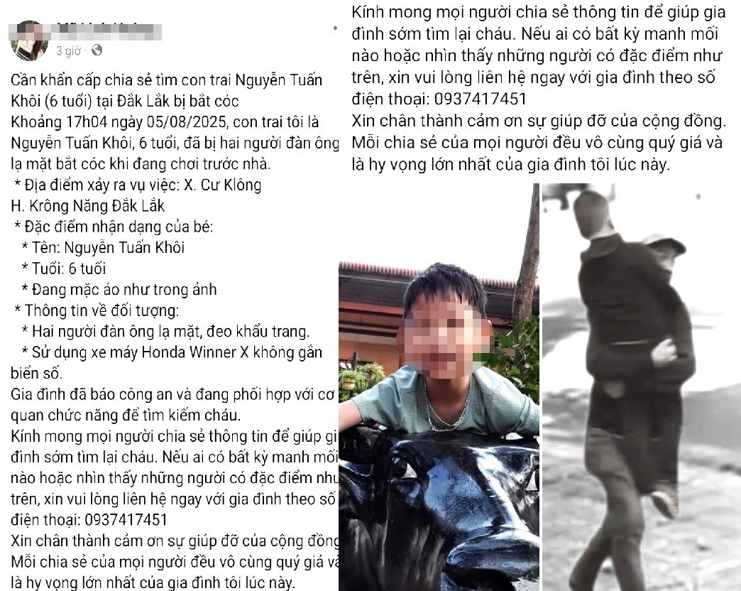 Thực hư việc bé trai ở Đắk Lắk đang chơi trước nhà bị hai người lạ bắt cóc - Ảnh 1.