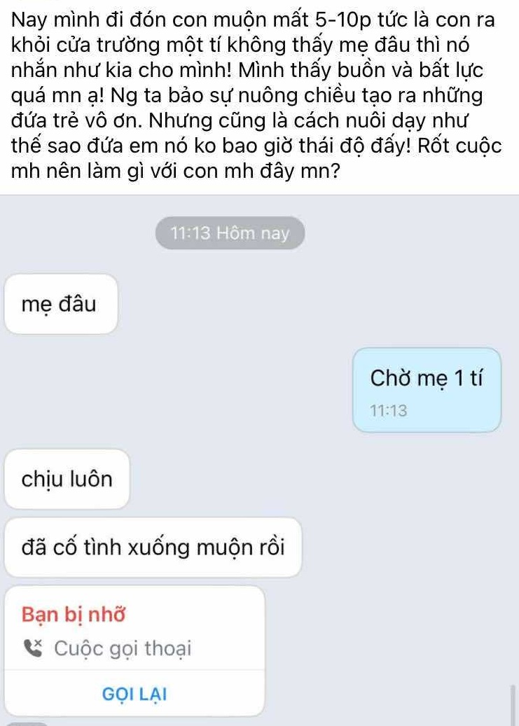 Mẹ Hà Nội đón con muộn vài phút liền nhận được loạt tin nhắn, đọc xong bất lực: "Mình phải làm gì với con đây?" - Ảnh 1. Mẹ Hà Nội đón con muộn vài phút liền nhận được loạt tin nhắn, đọc xong bất lực: "Mình phải làm gì với con đây?" - Ảnh 1.