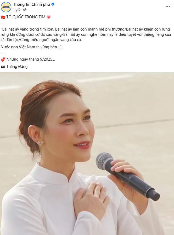 Trang Thông tin Chính phủ viết về hình ảnh để đời của Mỹ Tâm, chỉ 1 khoảnh khắc cho thấy sự tinh tế của BTC Đại lễ 2/9 - Ảnh 1. Trang Thông tin Chính phủ viết về hình ảnh để đời của Mỹ Tâm, chỉ 1 khoảnh khắc cho thấy sự tinh tế của BTC Đại lễ 2/9 - Ảnh 1.