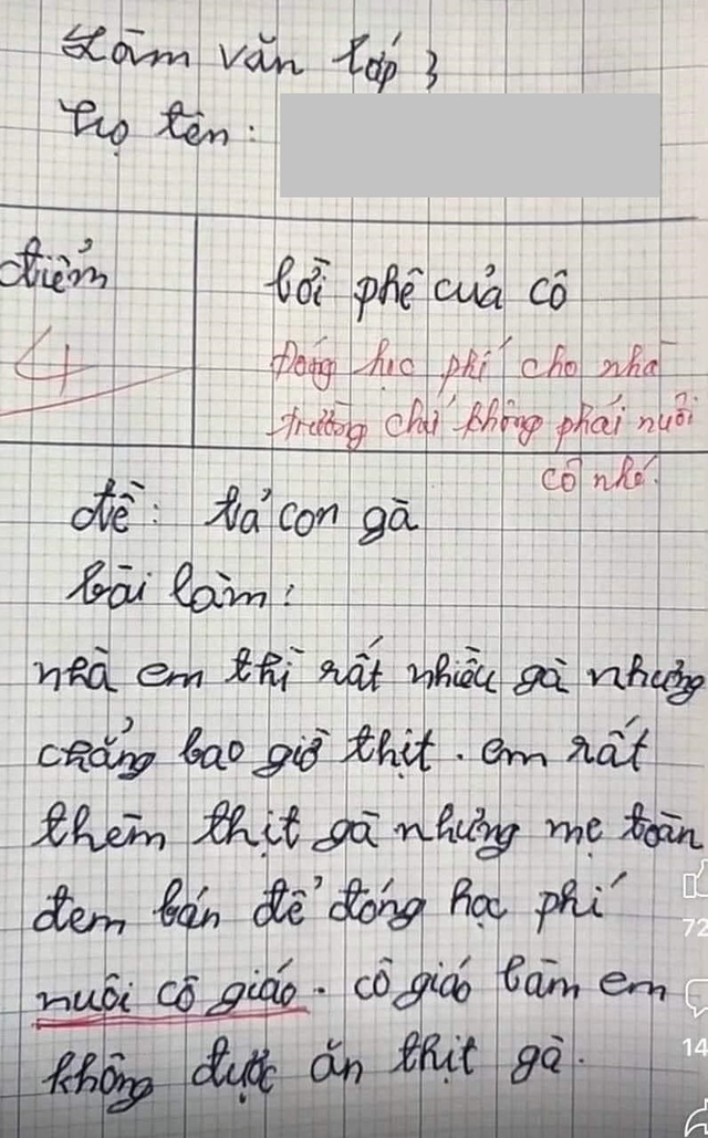 Học sinh lớp 3 viết văn tả gà, cô cho 4 điểm kèm lời phê: Lý do đằng sau khiến khán giả sửng sốt - Ảnh 1. Học sinh lớp 3 viết văn tả gà, cô cho 4 điểm kèm lời phê: Lý do đằng sau khiến khán giả sửng sốt - Ảnh 1.
