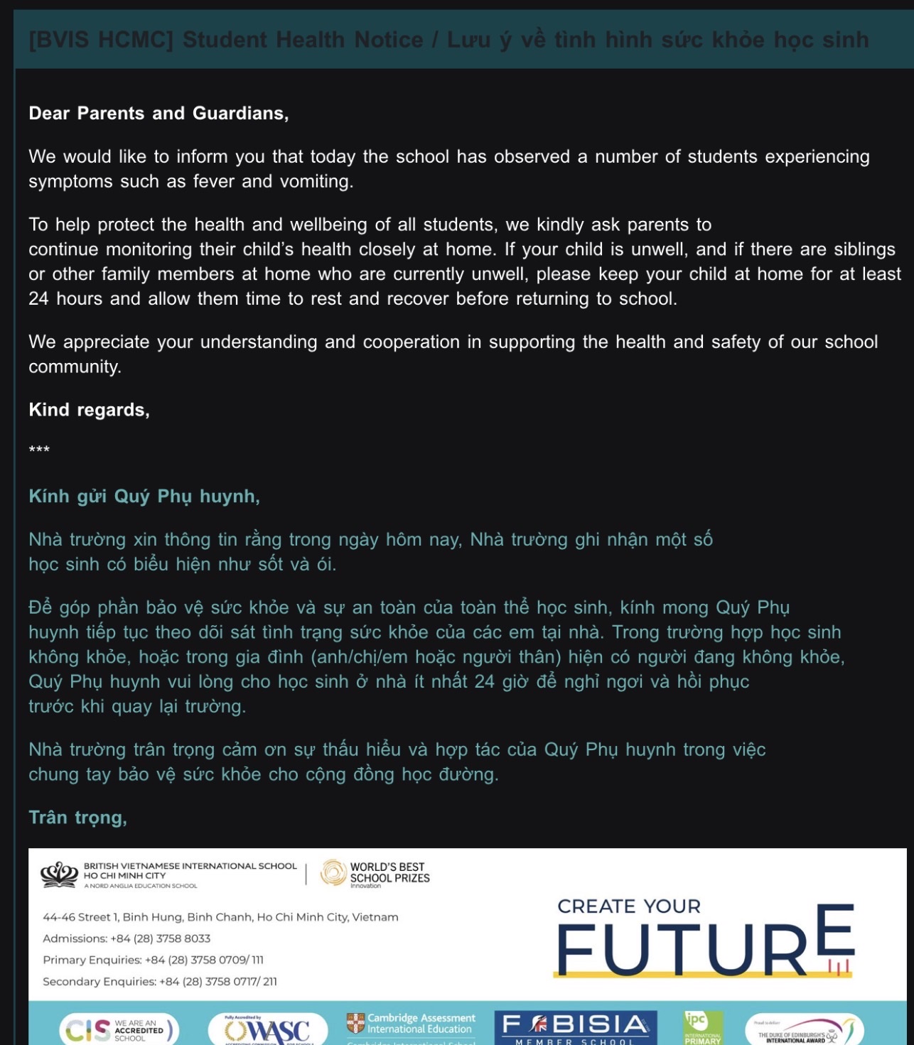 TPHCM: Phụ huynh tố một trường quốc tế ra th&ocirc;ng b&aacute;o v&ocirc; cảm - Ảnh 1.