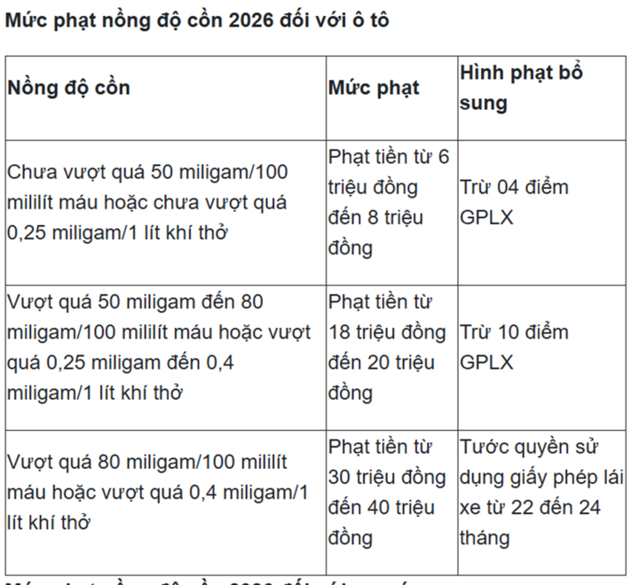 Mức phạt nồng độ cồn 2026 đối với &ocirc; t&ocirc;, xe m&aacute;y v&agrave; c&aacute;c lọai xe kh&aacute;c - Ảnh 1.