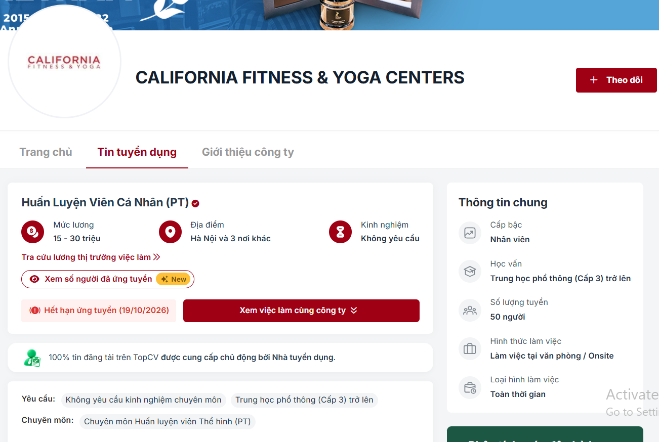 California Fitness&Yoga tuyển dụng nh&acirc;n vi&ecirc;n lương cao , kh&ocirc;ng y&ecirc;u cầu kinh nghiệm 2026 - Ảnh 3.