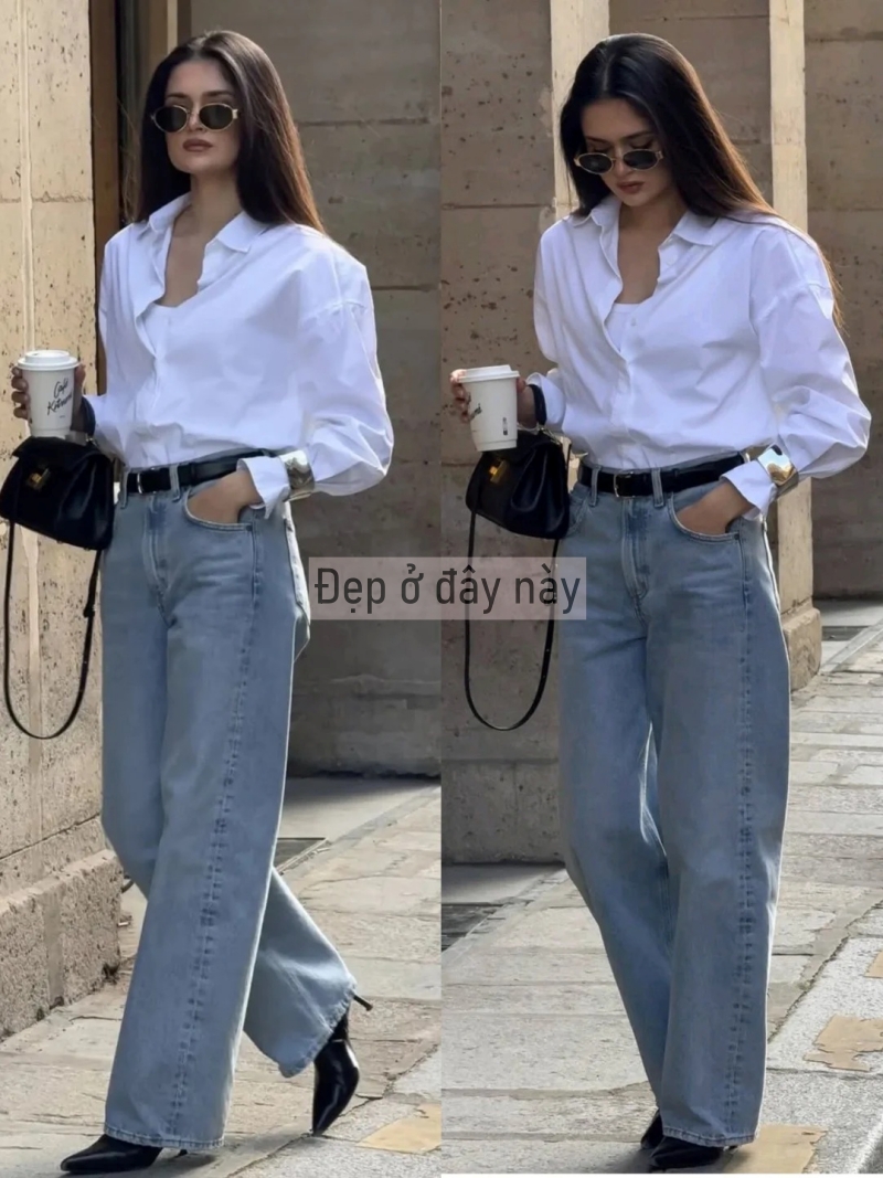 Sơ mi trắng v&agrave; quần jeans ống rộng: C&ocirc;ng thức &ldquo;đinh&rdquo; 2026 cho vẻ đẹp tối giản m&agrave; vẫn sang tuyệt đối - Ảnh 4.