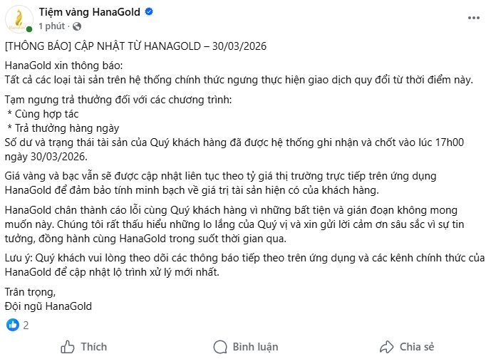 Th&ocirc;ng b&aacute;o mới nhất từ HanaGold sau khi b&agrave; chủ bị bắt v&agrave; ảnh hưởng đến giao dịch - Ảnh 2.