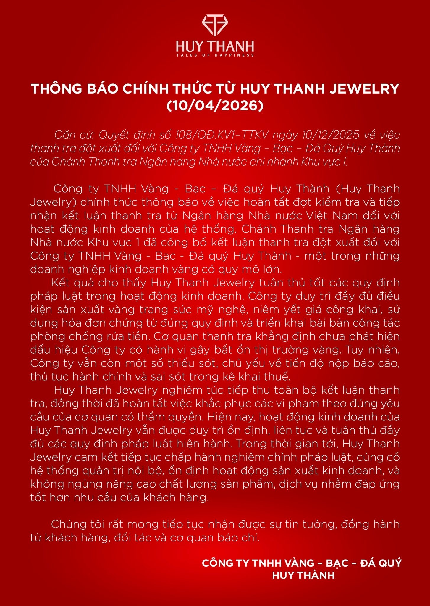 Huy Thanh Jewelry phản hồi về kết luận thanh tra: Đ&aacute;p ứng quy định ph&aacute;p luật kinh doanh - Ảnh 2.