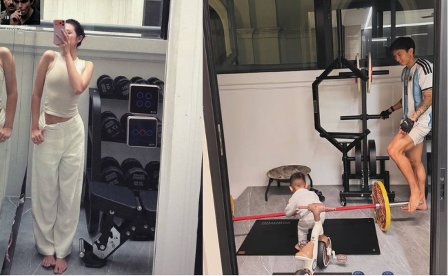 Do&atilde;n Hải My khoe eo thon sau sinh: Mẹ v&agrave; b&eacute; c&ugrave;ng tập gym tại biệt thự bạc tỷ - Ảnh 1.