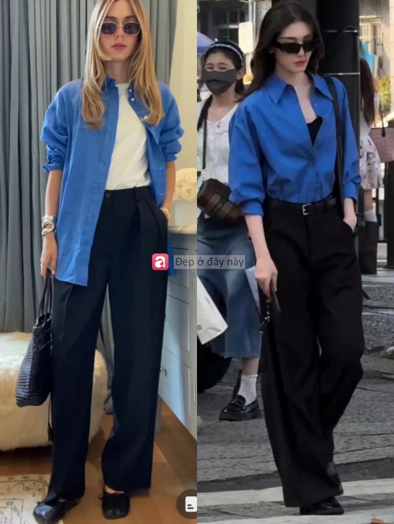 Kh&ocirc;ng cần cố: Chỉ sơ mi xanh v&agrave; quần ống rộng cũng đủ tạo thần th&aacute;i ri&ecirc;ng - Ảnh 6.