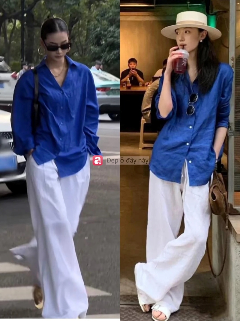 Kh&ocirc;ng cần cố: Chỉ sơ mi xanh v&agrave; quần ống rộng cũng đủ tạo thần th&aacute;i ri&ecirc;ng - Ảnh 4.