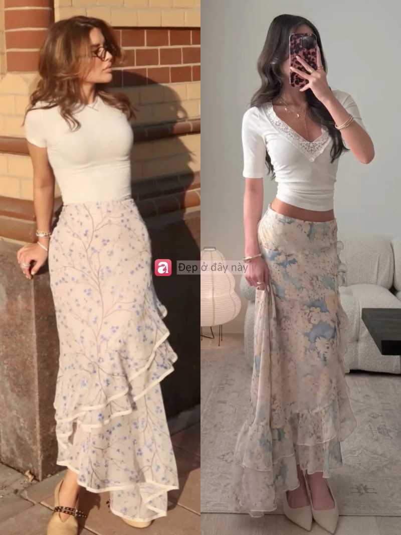 8 c&aacute;ch phối ch&acirc;n v&aacute;y hoa nh&iacute; gi&uacute;p n&agrave;ng mặc đẹp từ c&ocirc;ng sở đến đi biển - Ảnh 6.