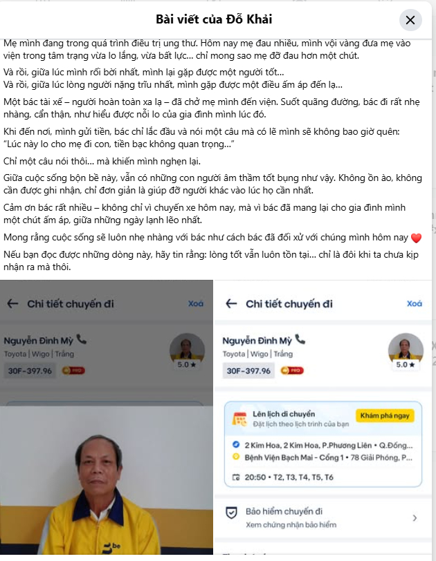 T&agrave;i xế từ chối tiền , C&acirc;u chuyện cảm động giữa l&uacute;c đưa mẹ ung thư v&agrave;o viện Bạch Mai - Ảnh 1.