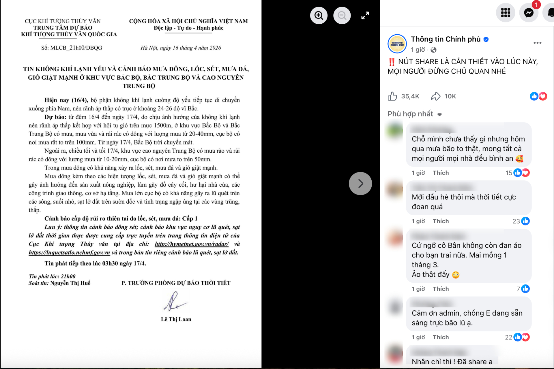 Cảnh b&aacute;o thời tiết cực đoan 16 - 17 / 4: 10 . 000 Người chia sẻ Th&ocirc;ng tin từ Fanpage Ch&iacute;nh Phủ - Ảnh 1.