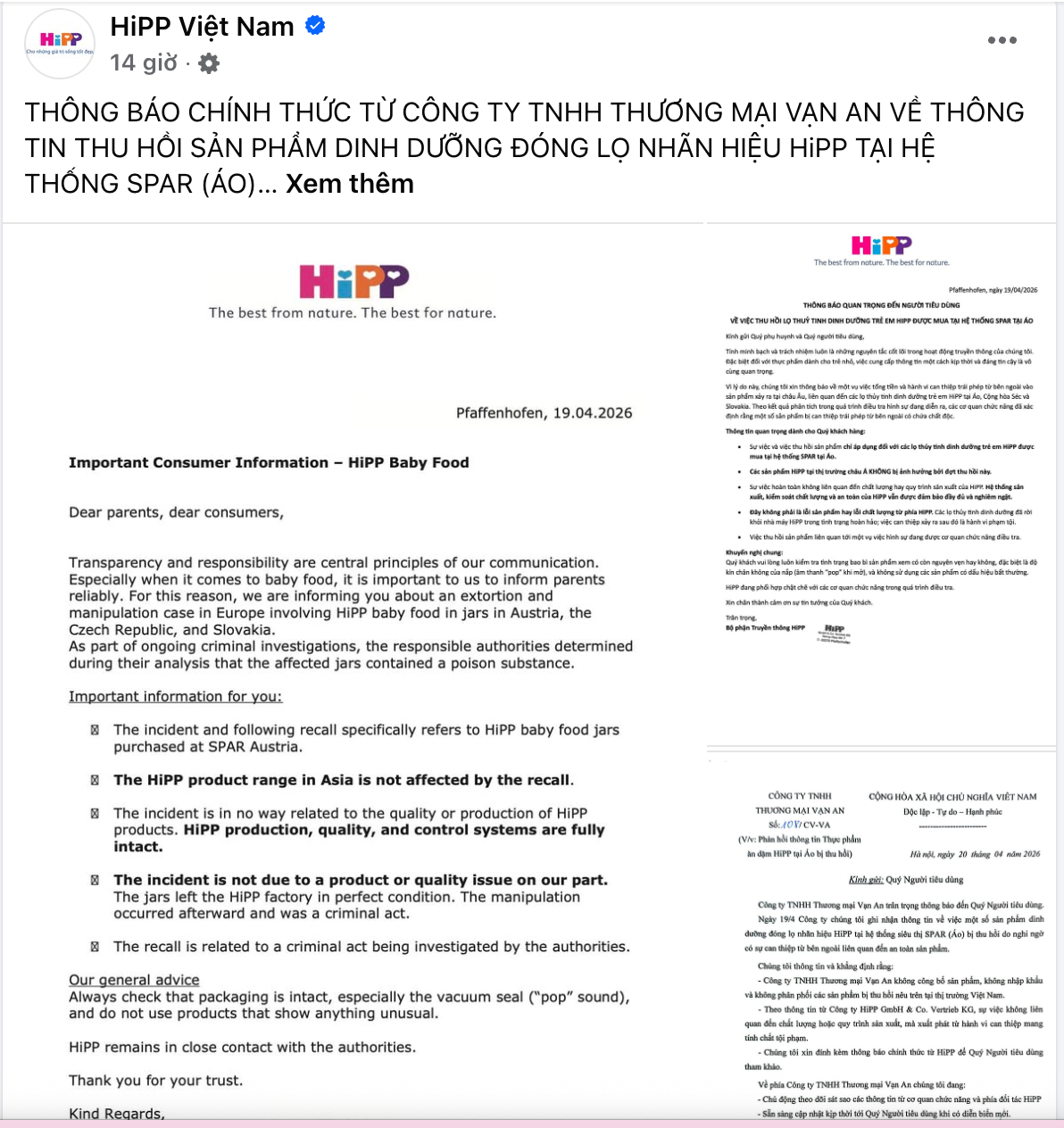 Vụ thu hồi sản phẩm HiPP tại ch&acirc;u &Acirc;u: C&ocirc;ng ty Vạn An khẳng định kh&ocirc;ng nhập khẩu - Ảnh 1.