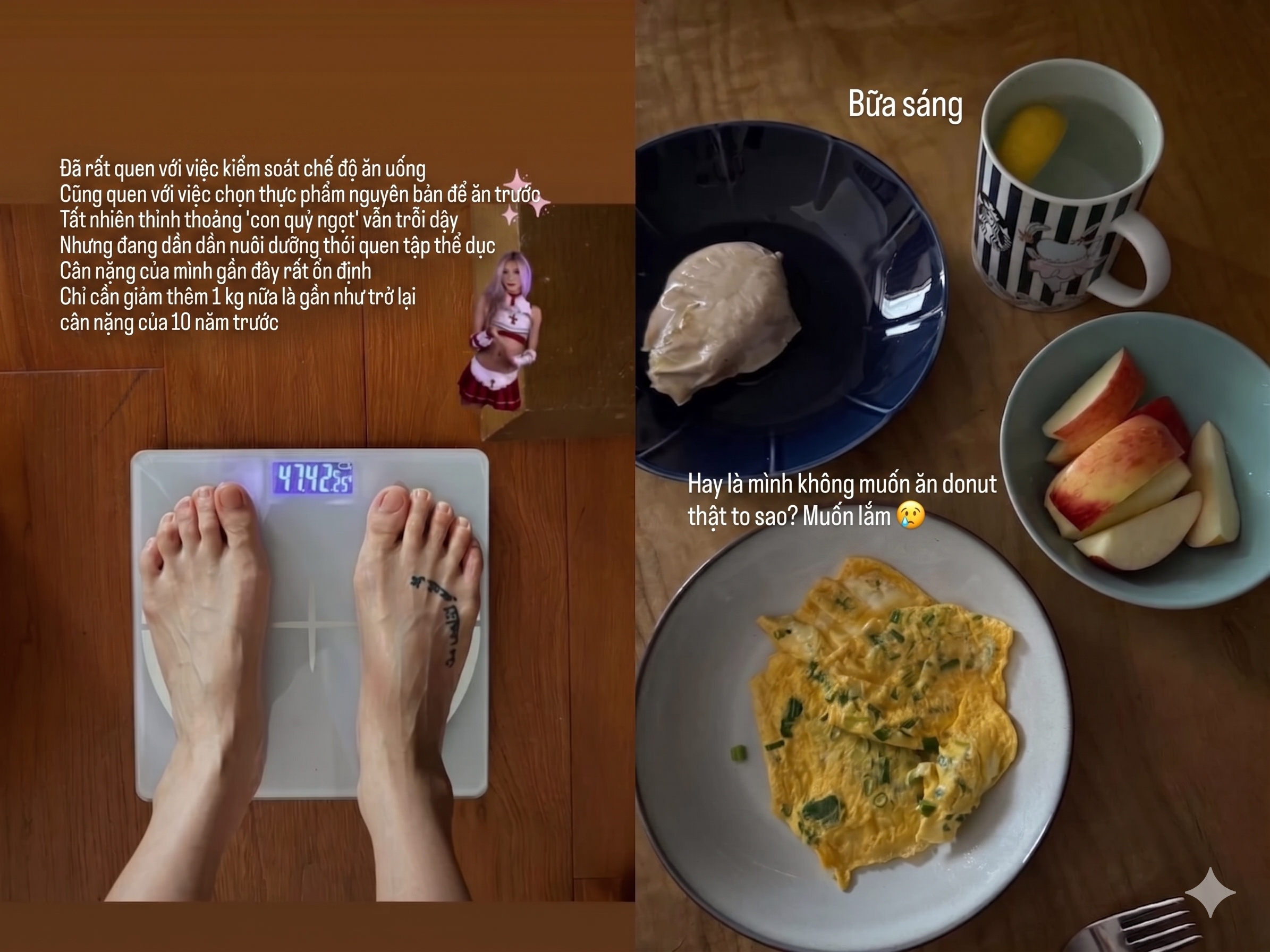 Thực đơn bữa sáng đơn giản với ức gà luộc và nước chanh của Trần Kiều Ân