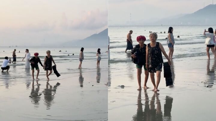 Clip hai cụ b&agrave; U80 dắt nhau tắm biển Dốc Lết khiến d&acirc;n mạng ghen tị - Ảnh 1.