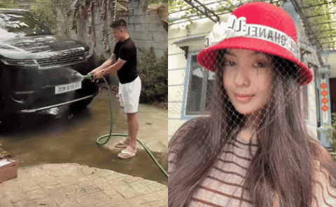 Quang Hải rửa xe Range Rover 8 tỷ v&agrave; chăm s&oacute;c c&acirc;y cối ngay trước nh&agrave; bố vợ - Ảnh 1.